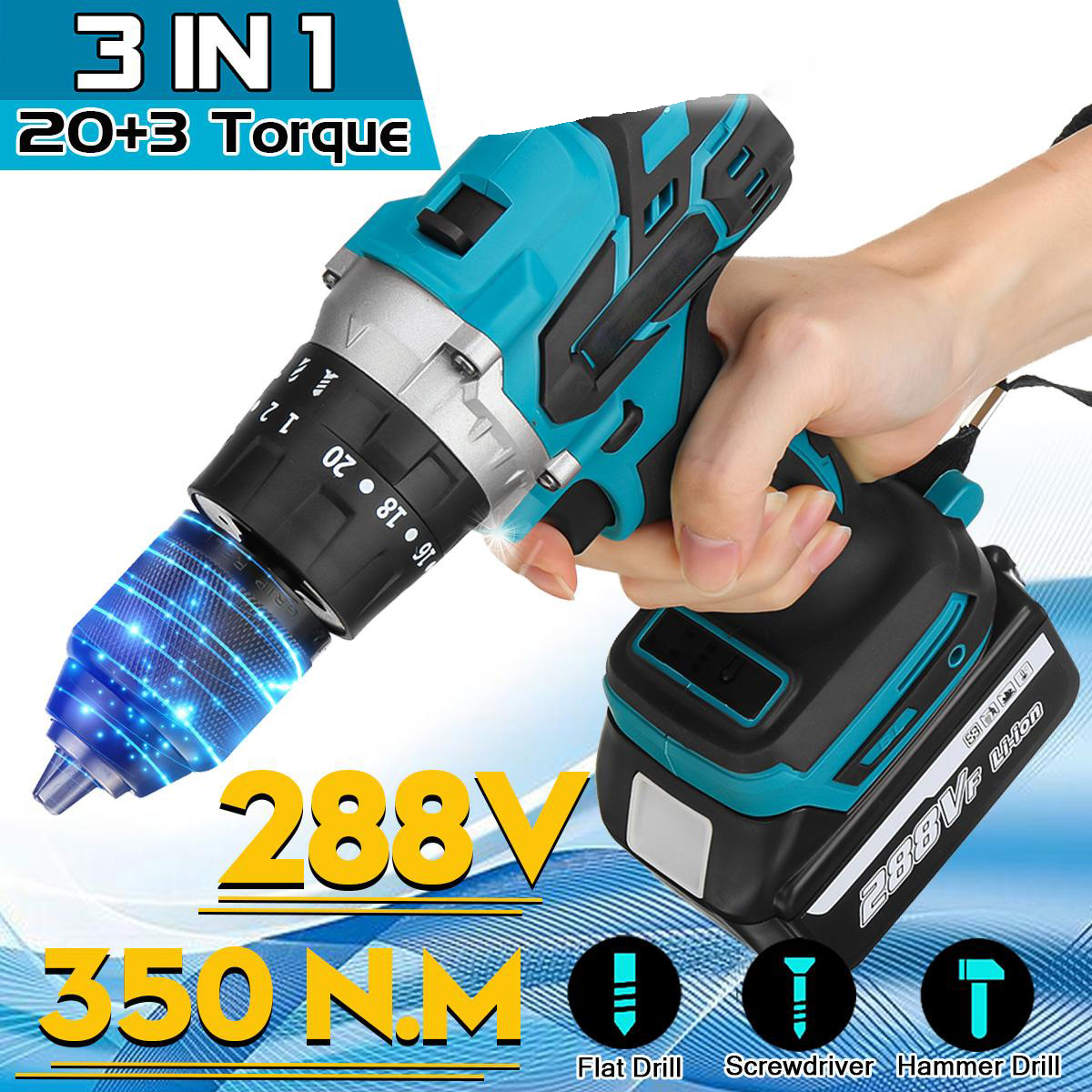 Socoje 288VF 3 In 1 Cordless Electric Impact Drill Driver Brushless Driver Drill Hammer with EU Plug LED Working Light