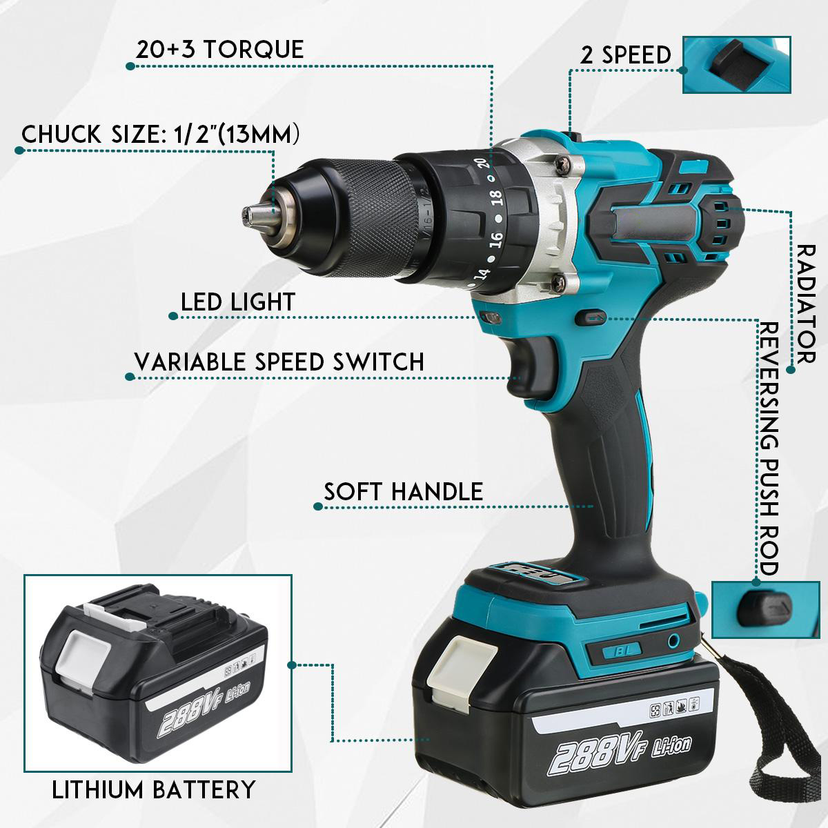 Socoje 288VF 3 In 1 Cordless Electric Impact Drill Driver Brushless Driver Drill Hammer with EU Plug LED Working Light
