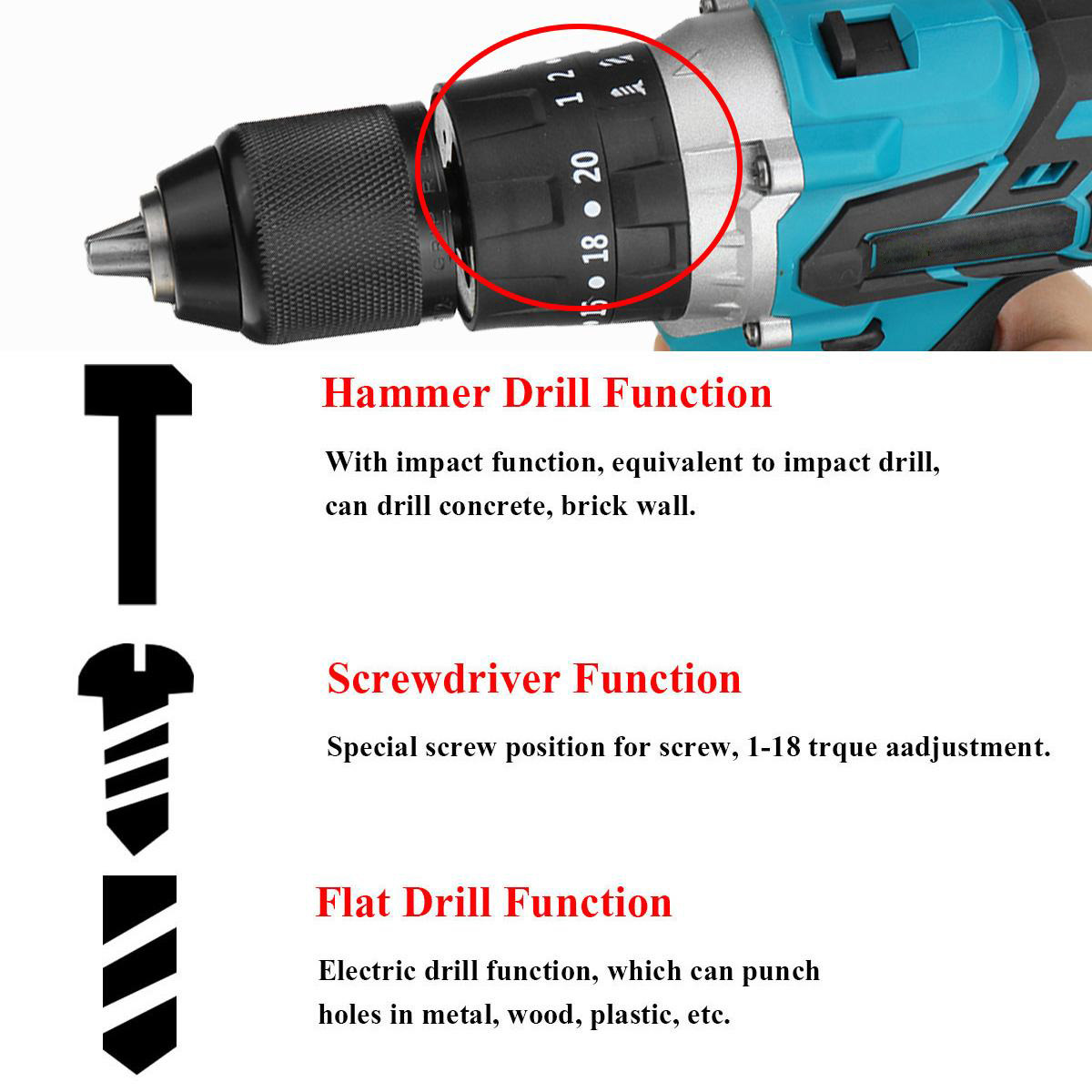 Socoje 288VF 3 In 1 Cordless Electric Impact Drill Driver Brushless Driver Drill Hammer with EU Plug LED Working Light