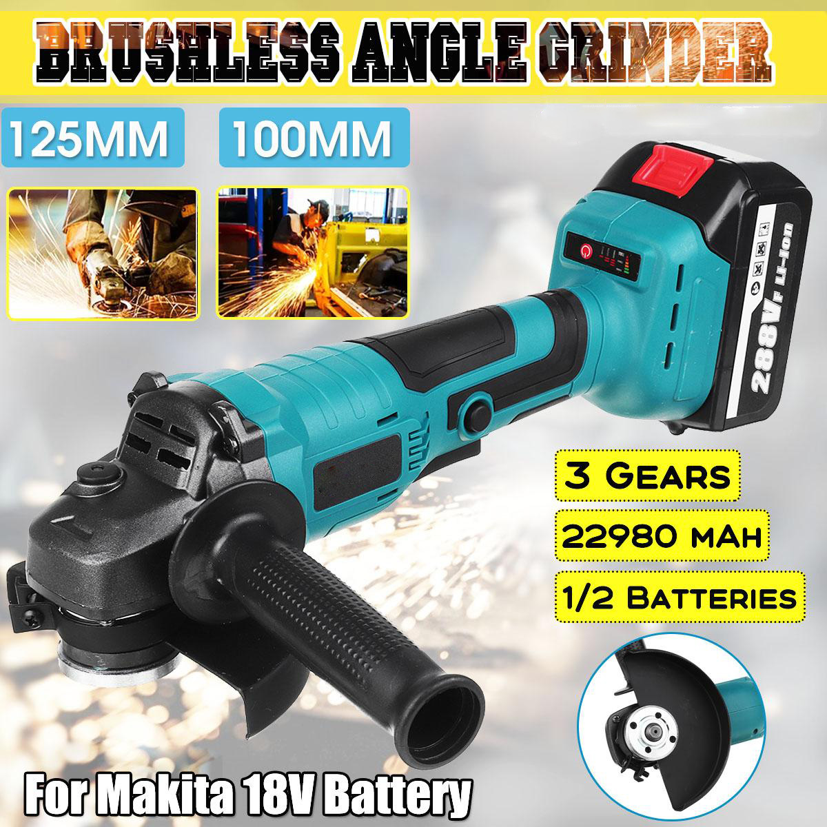 Socoje 288VF Cordless Angle Grinder 3 Gears Brushless Electric 100mm/125mm Polishing Machine W/ 1pc or 2pcs Battery For Makiita