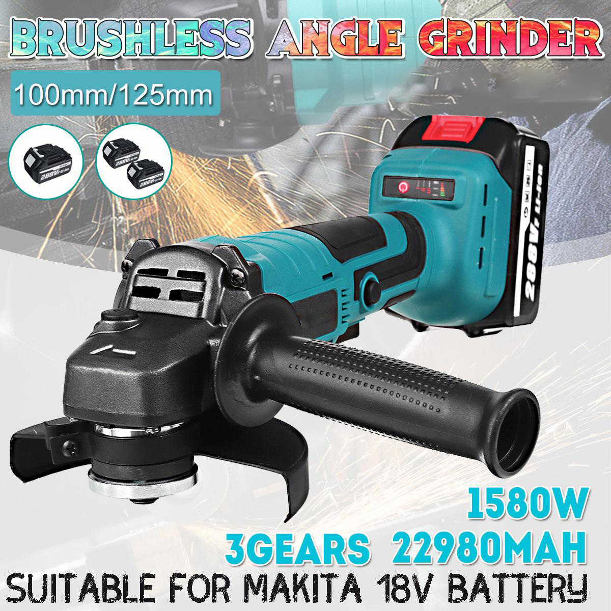 Socoje 288VF Cordless Angle Grinder 3 Gears Brushless Electric 100mm/125mm Polishing Machine W/ 1pc or 2pcs Battery For Makiita