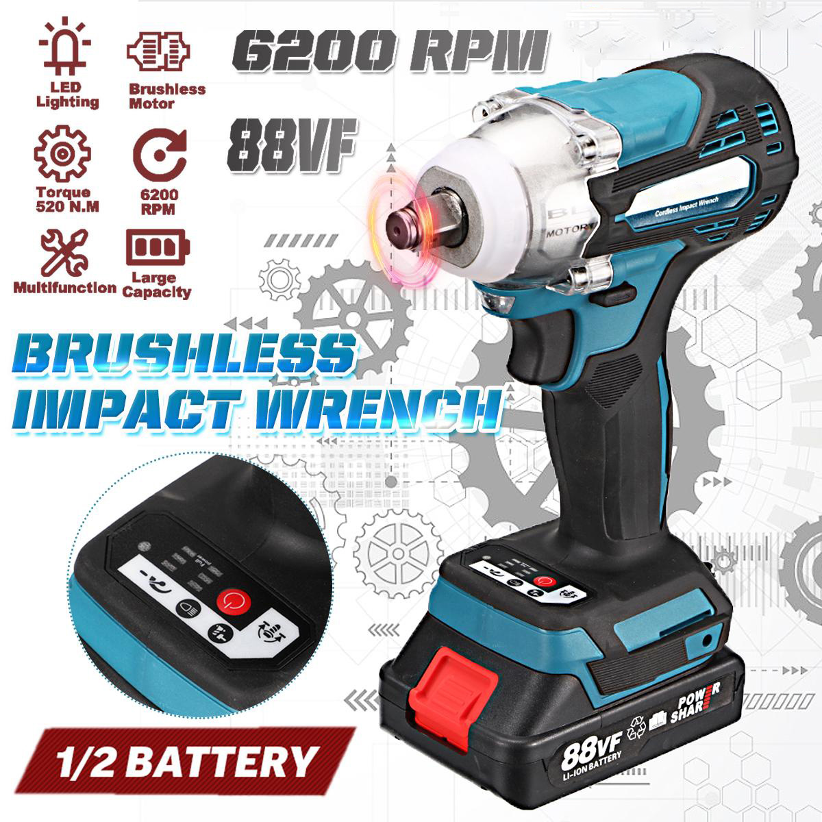 Socoje 88VF 1/2 520NM Electric Wrench Cordless Brushless Impact Wrench W/ 1/2pcs Battery