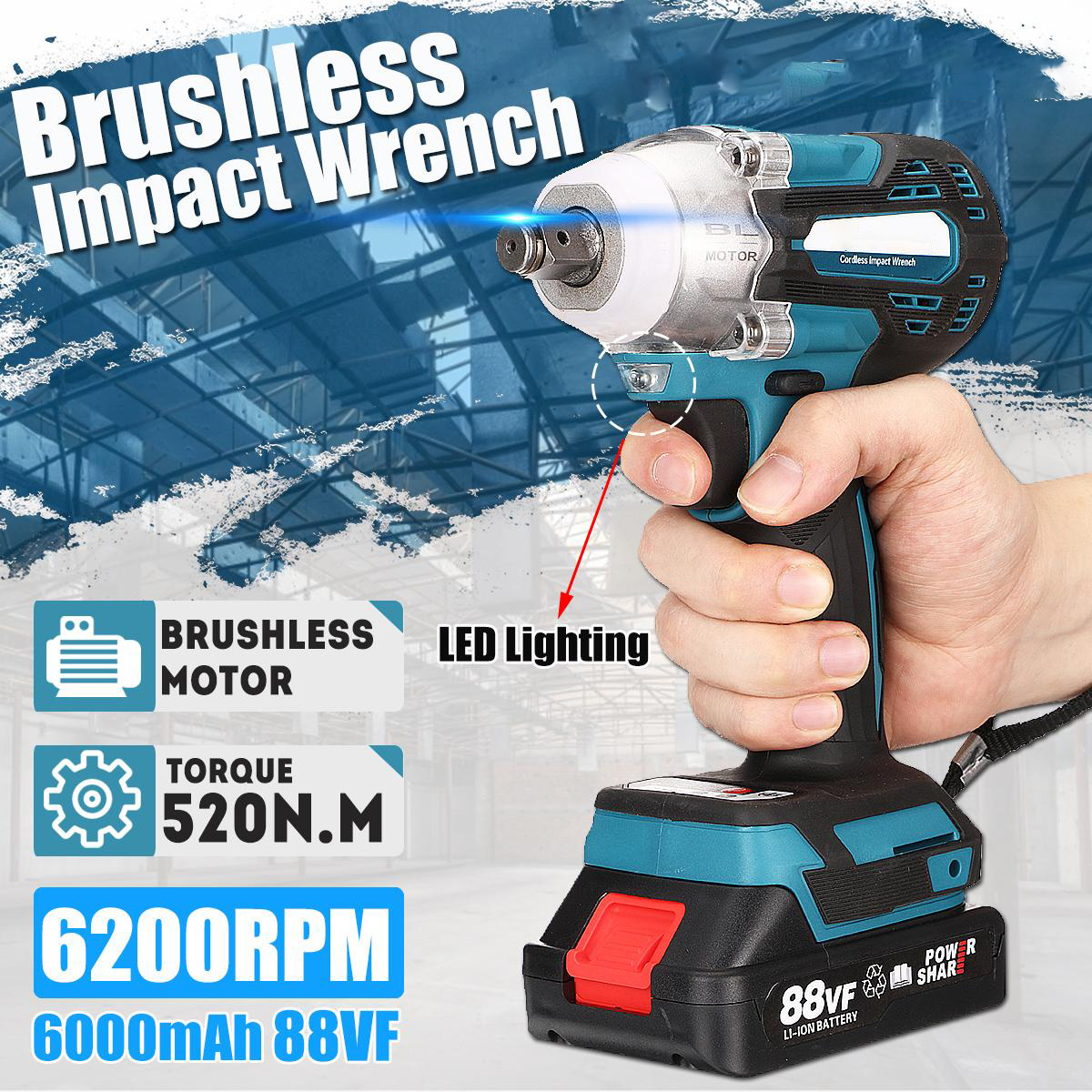 Socoje 88VF 1/2 520NM Electric Wrench Cordless Brushless Impact Wrench W/ 1/2pcs Battery