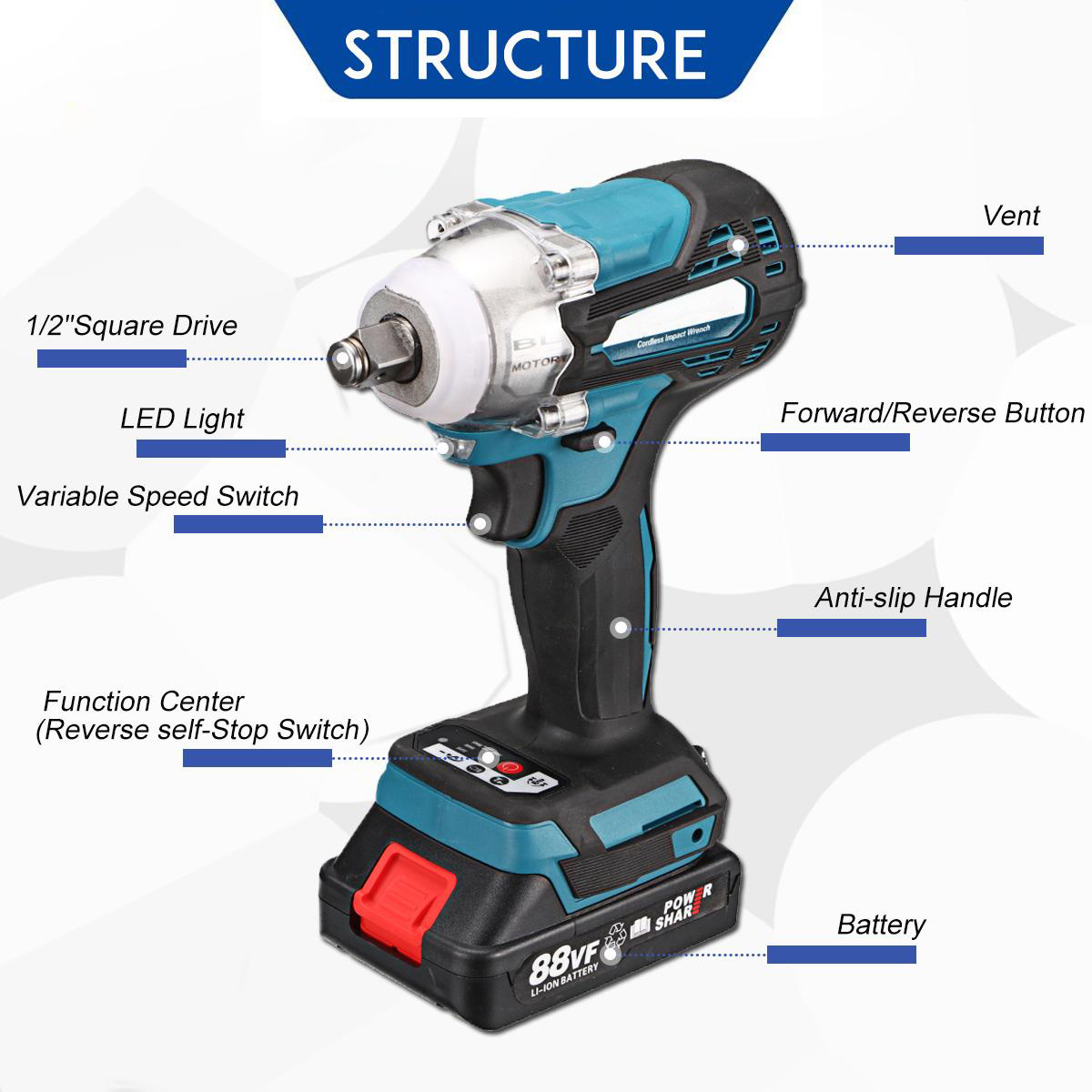 Socoje 88VF 1/2 520NM Electric Wrench Cordless Brushless Impact Wrench W/ 1/2pcs Battery