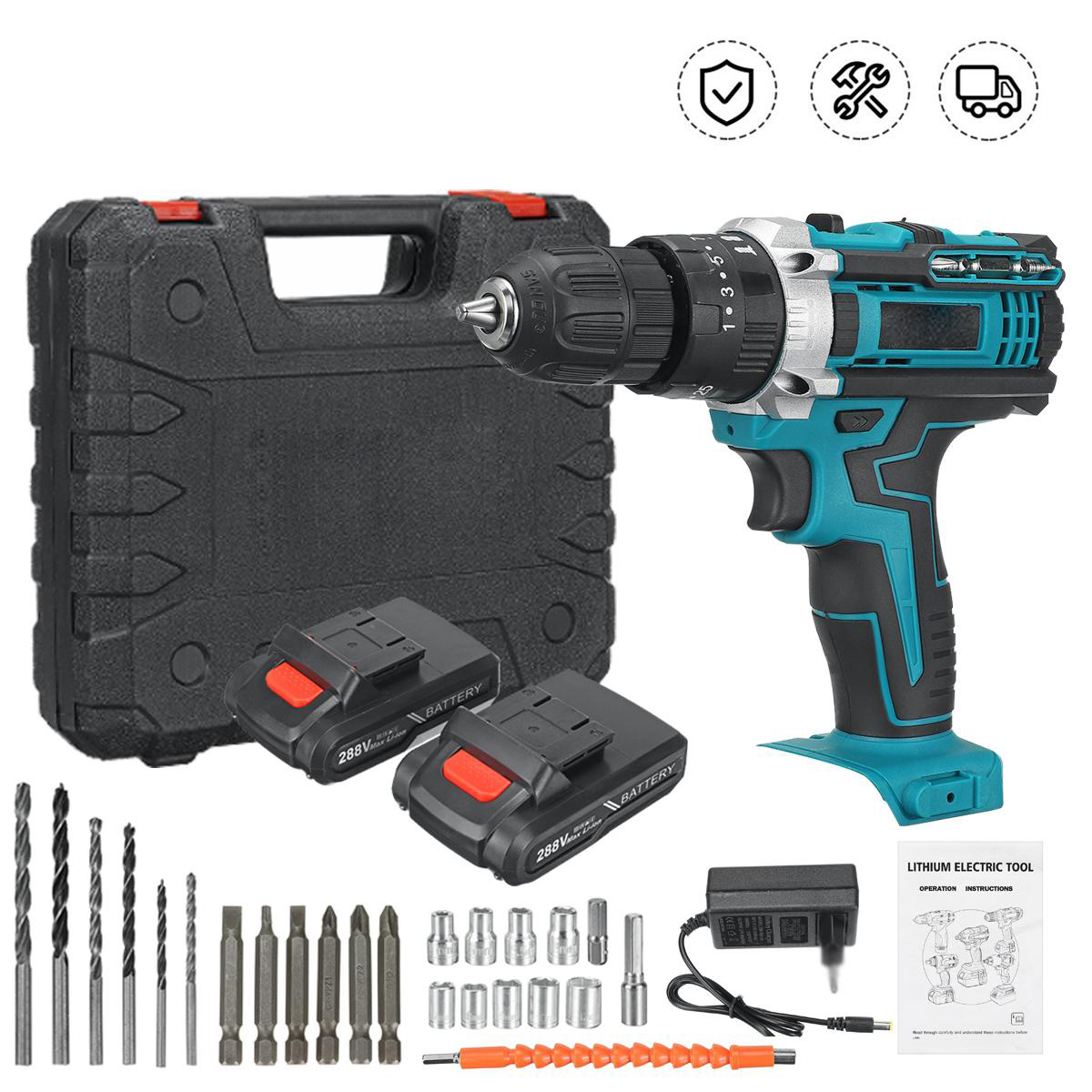 288VF 10mm Electric Drill 25+3 Torque Adjustment Switch Stepless Speed W/1pc/2pc Battery AU/EU/US Plug