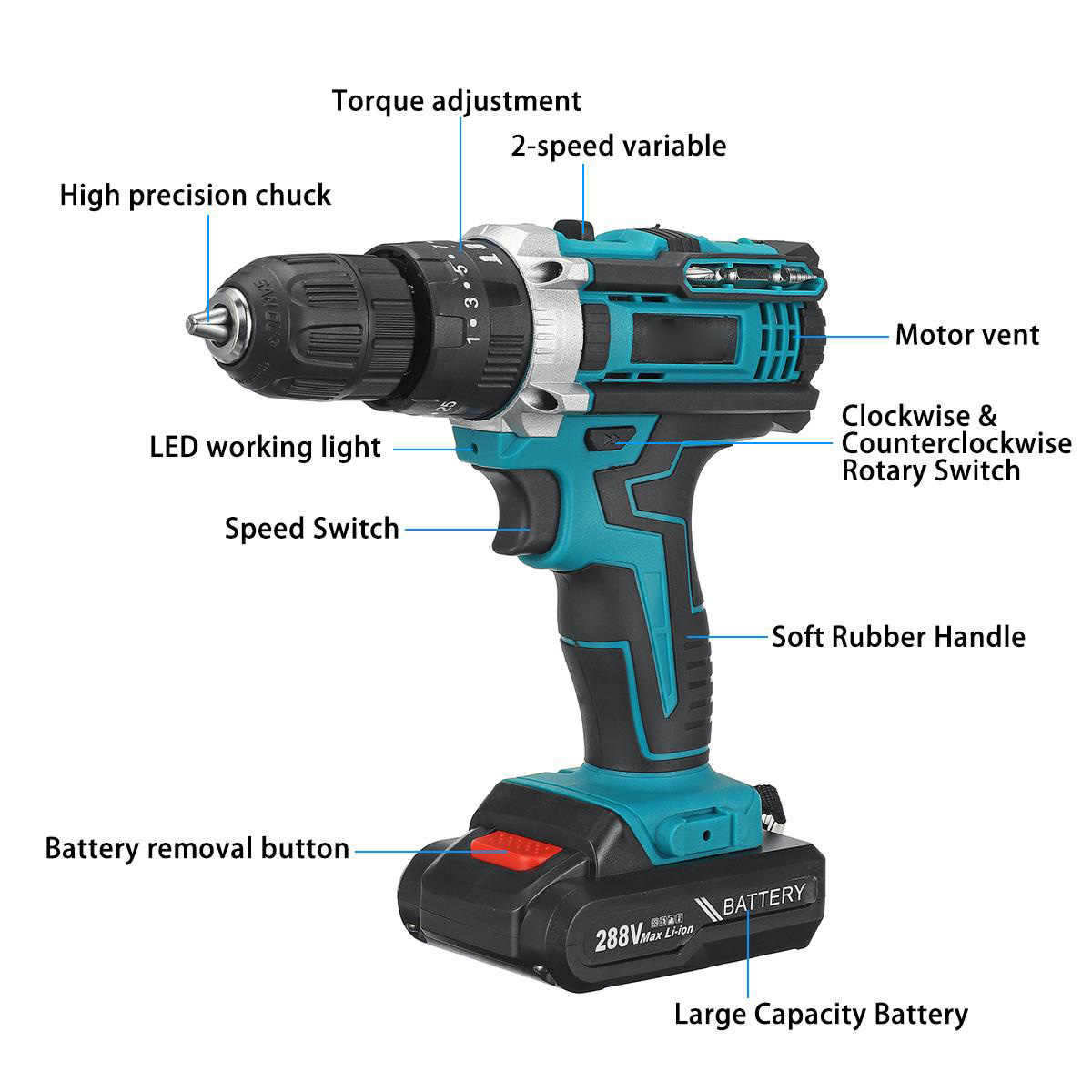 288VF 10mm Electric Drill 25+3 Torque Adjustment Switch Stepless Speed W/1pc/2pc Battery AU/EU/US Plug