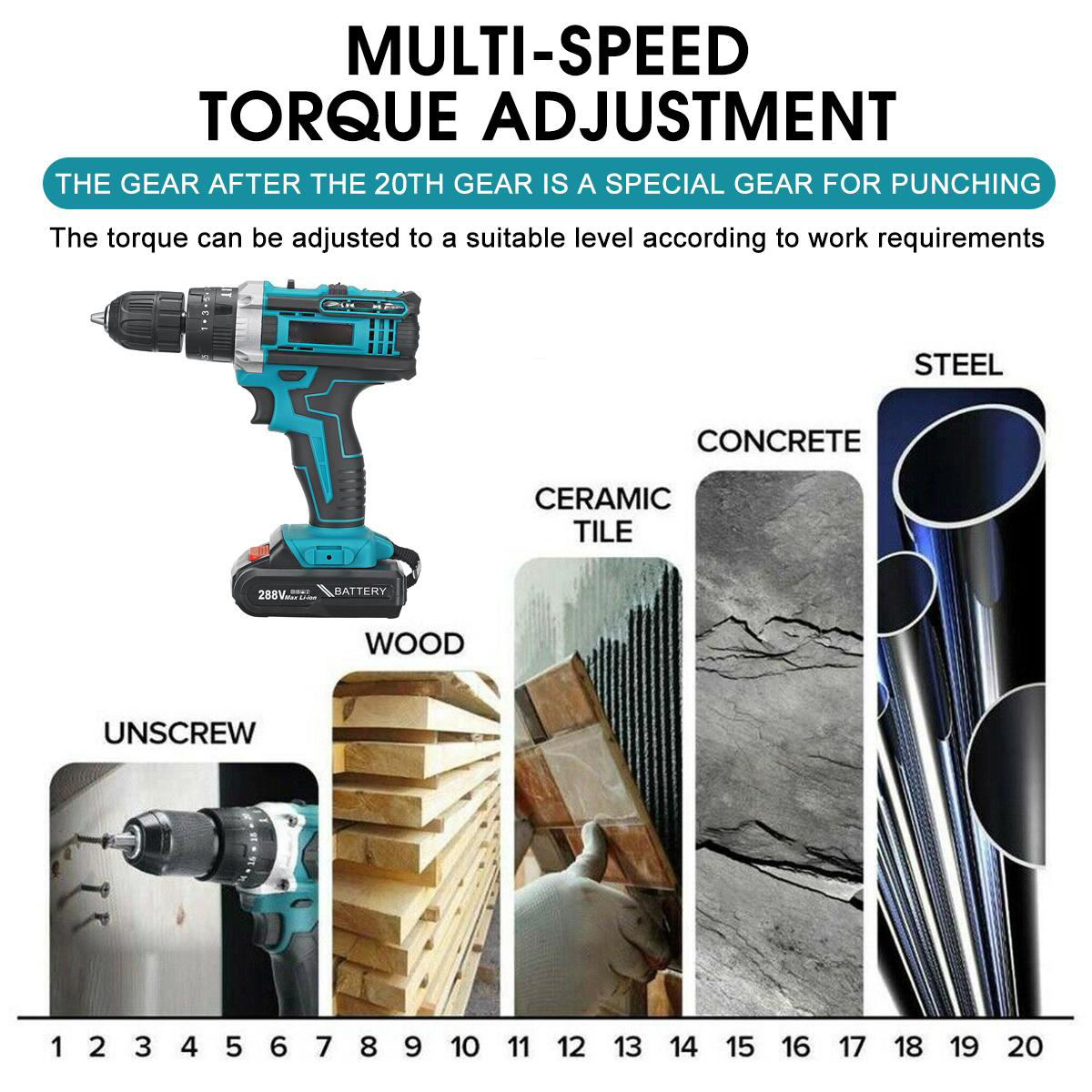 288VF 10mm Electric Drill 25+3 Torque Adjustment Switch Stepless Speed W/1pc/2pc Battery AU/EU/US Plug