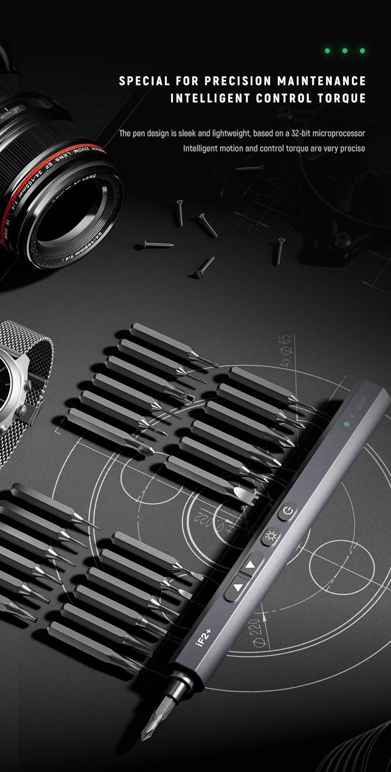 iF2 Intelligence High-Speed Magnetic Motor Electric Screwdriver Adjustable Torque LED Lights 24 Screws Type-C Charging Cable Included