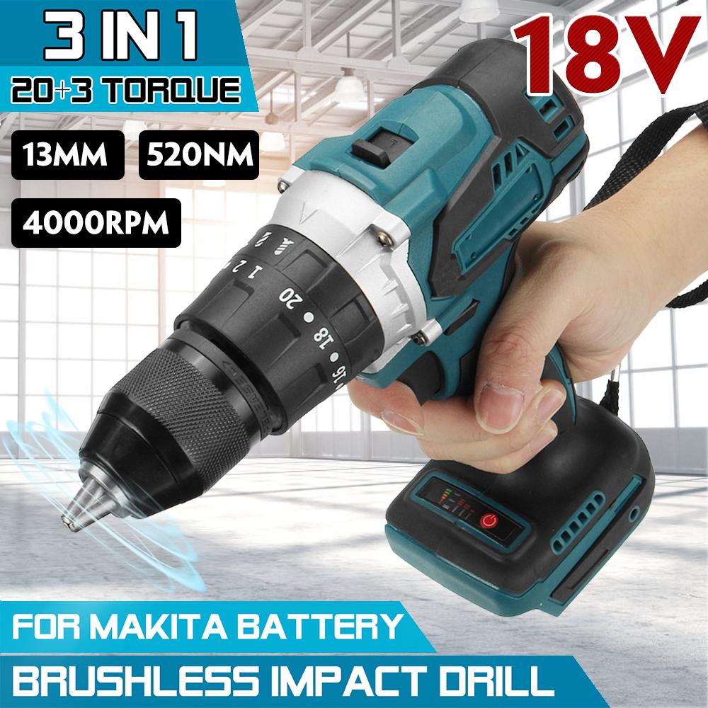 520NM 4000rpm Brushless Cordless Impact Drill Diver For Makita 18V Battery