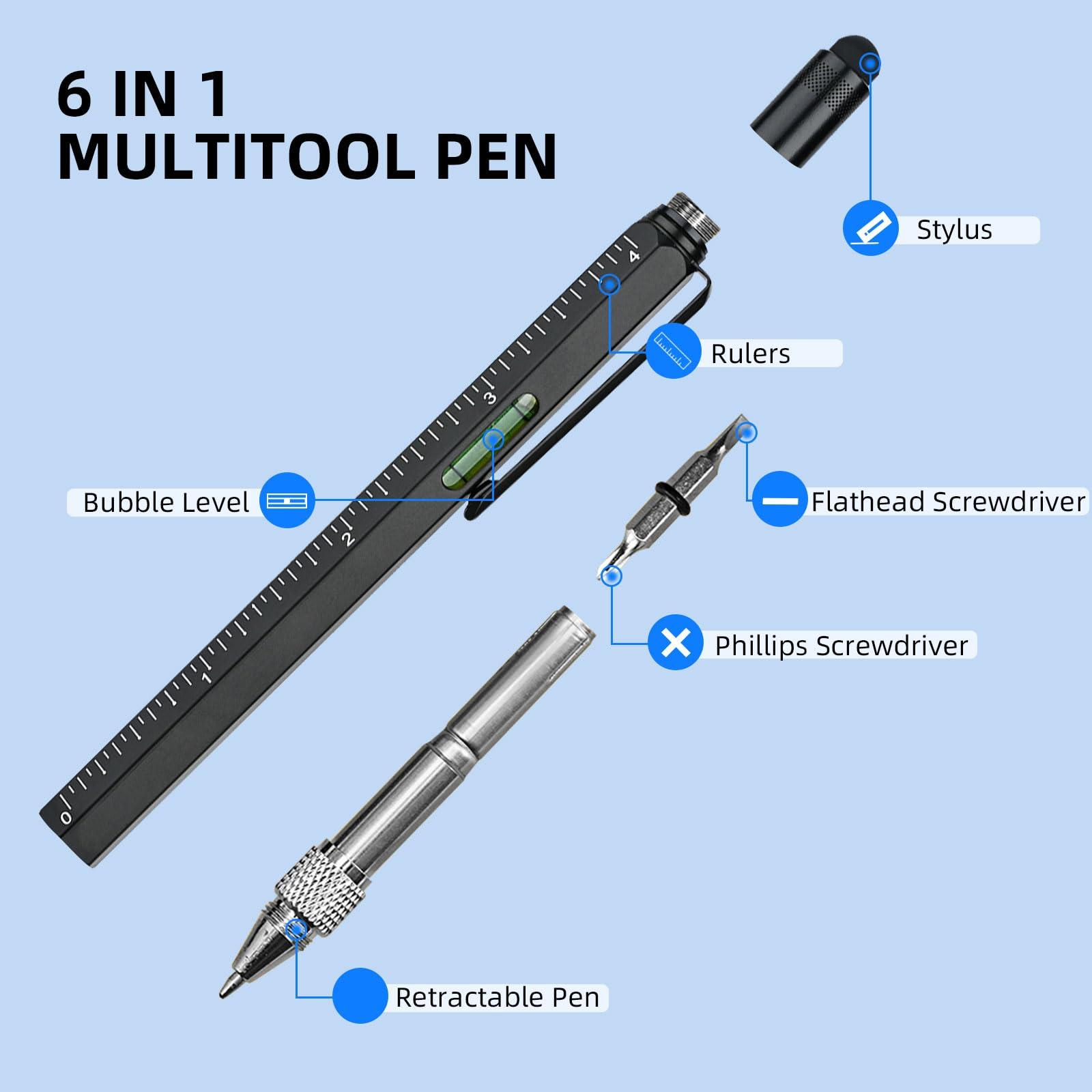 6-in-1 Multitool Pen with Stylus Rulers Level Screwdrivers Durable Aluminum Alloy Body Retractable Design Ideal Gift with Additional Refills