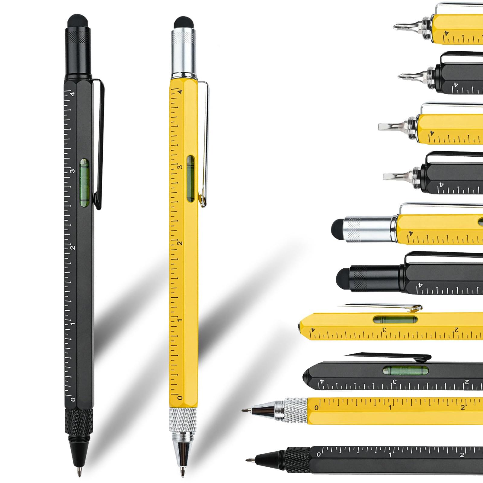 6-in-1 Multitool Pen with Stylus Rulers Level Screwdrivers Durable Aluminum Alloy Body Retractable Design Ideal Gift with Additional Refills