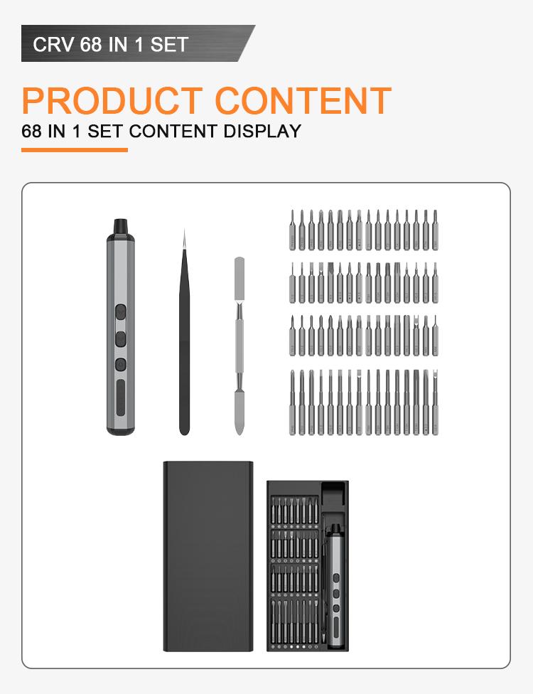 68-in-1 Electric Screwdriver Kit Quick Charge 90min Use 200rpm Lithium Battery Home DIY Tools