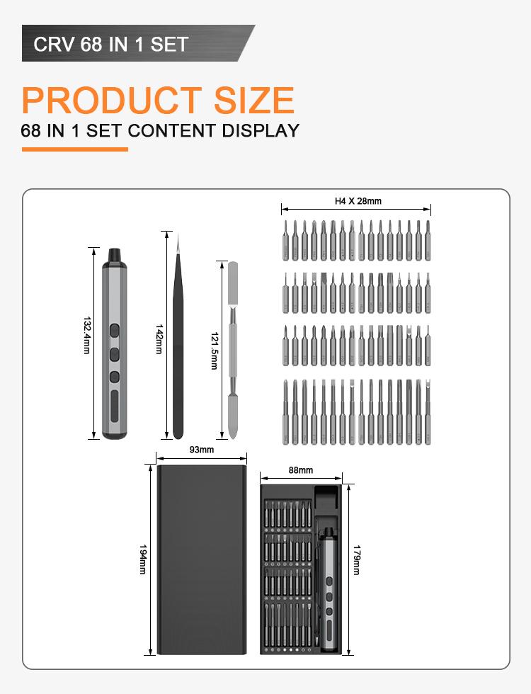 68-in-1 Electric Screwdriver Kit Quick Charge 90min Use 200rpm Lithium Battery Home DIY Tools