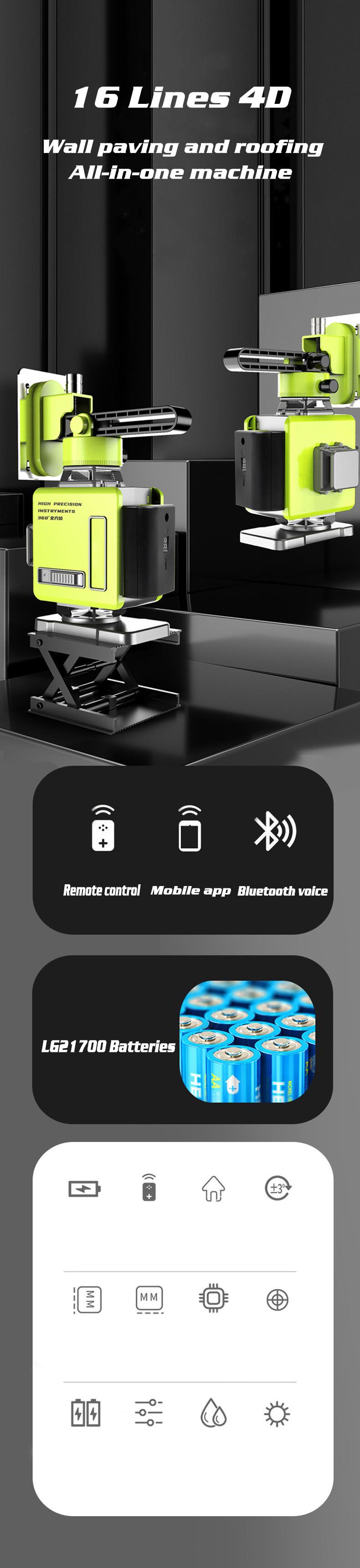 8/12/16 Line 4D Green Light Digital Laser levels Self Leveling 360 degrees Rotary Measuring Tools with 2 Battery
