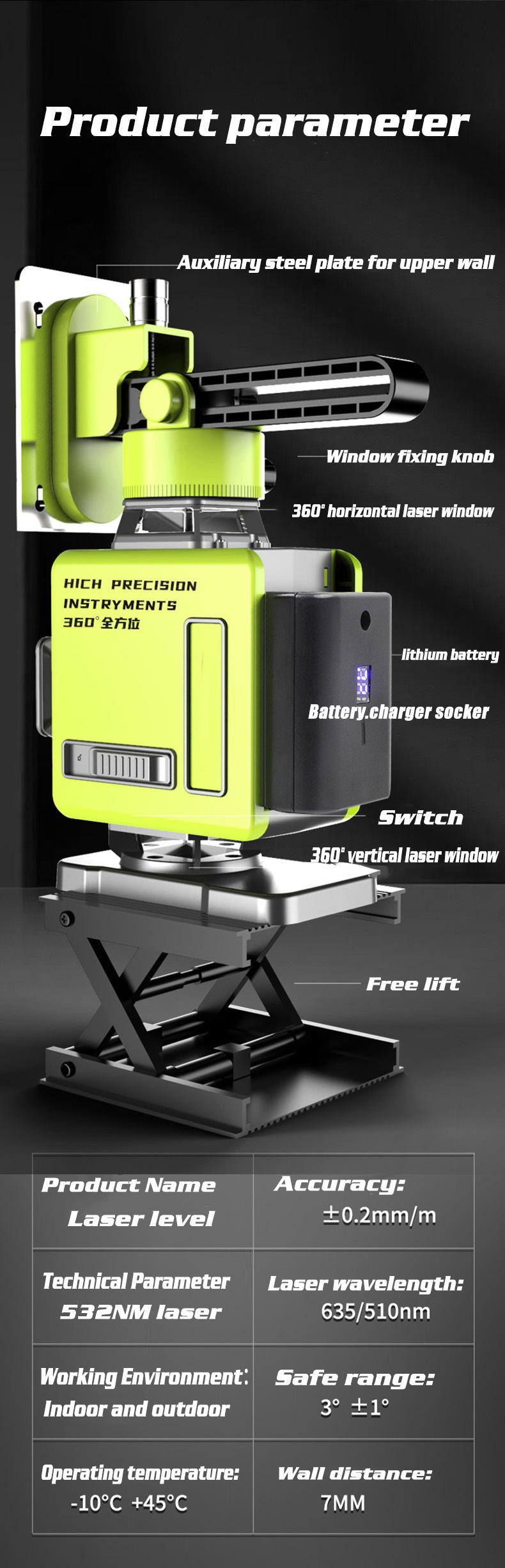 8/12/16 Line 4D Green Light Digital Laser levels Self Leveling 360 degrees Rotary Measuring Tools with 2 Battery