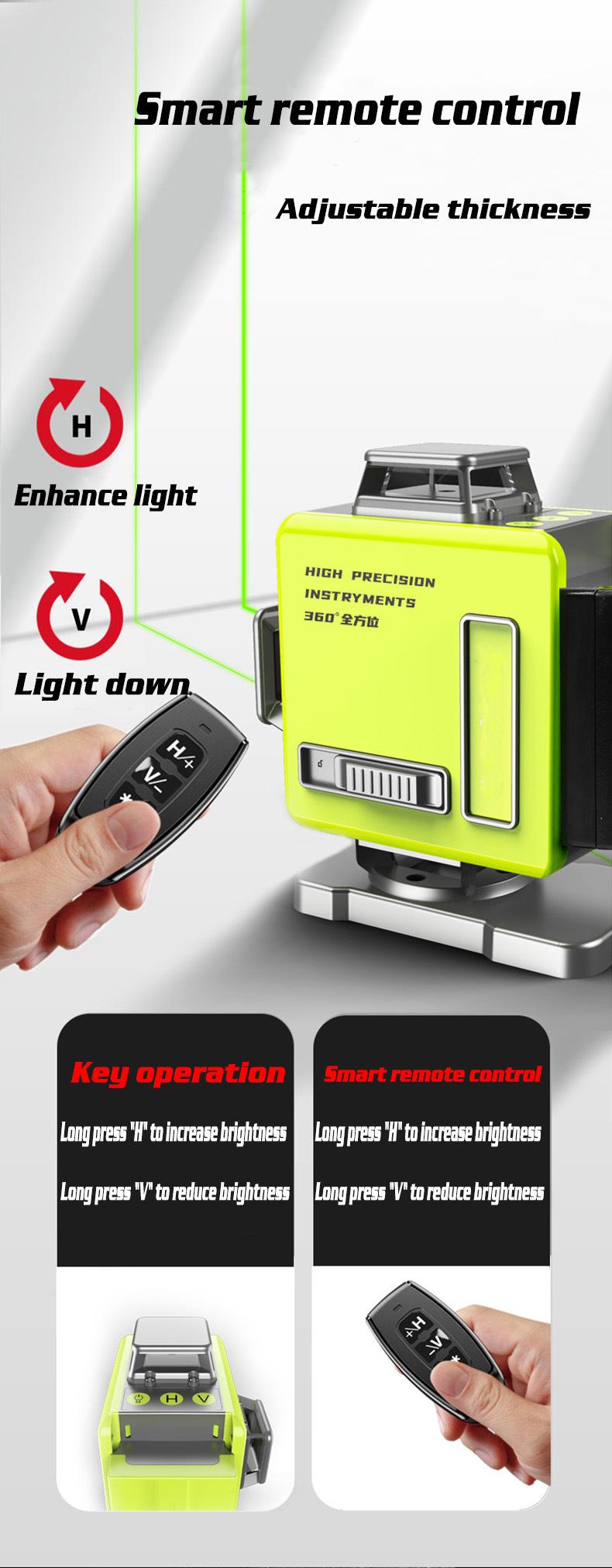 8/12/16 Line 4D Green Light Digital Laser levels Self Leveling 360 degrees Rotary Measuring Tools with 2 Battery