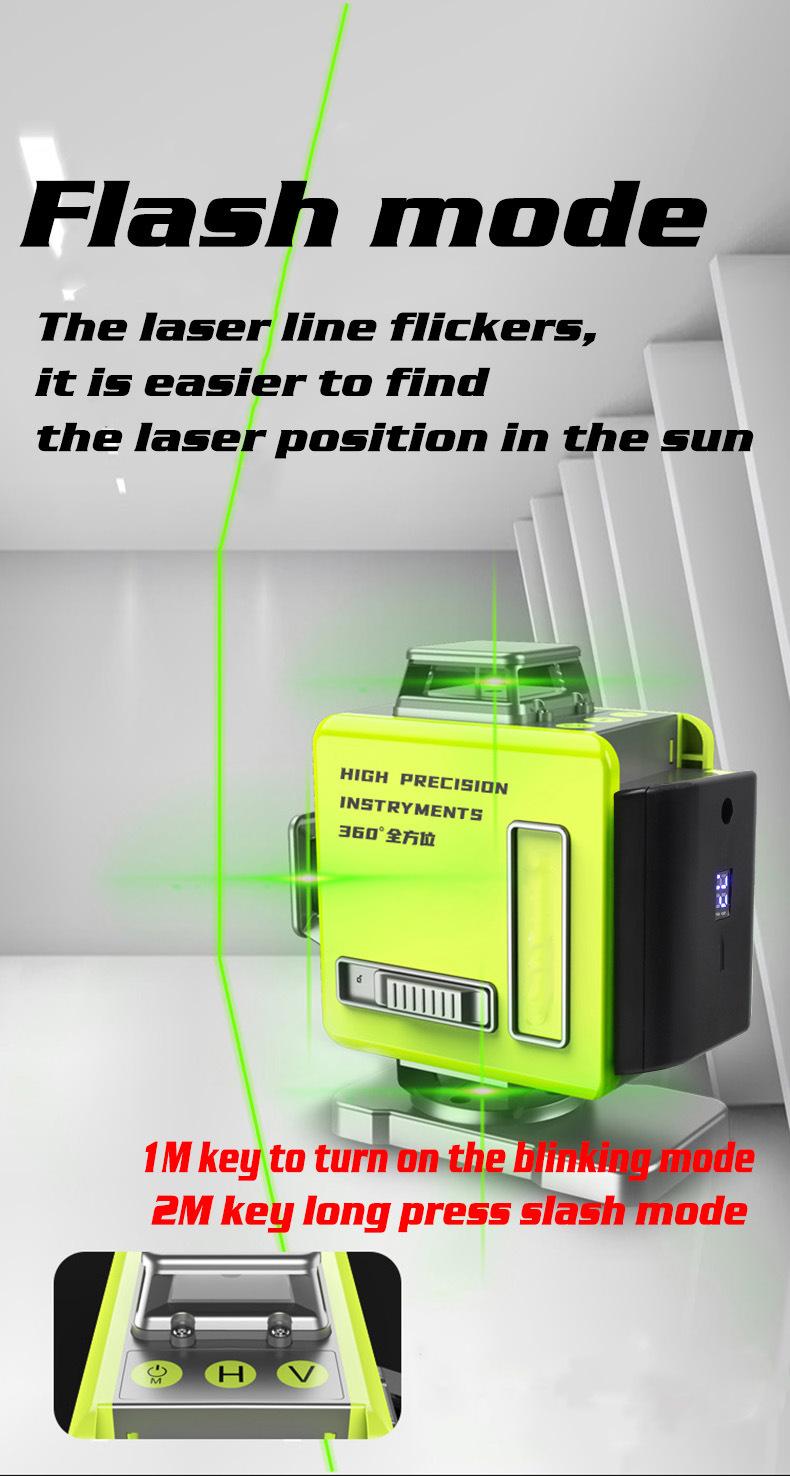 8/12/16 Line 4D Green Light Digital Laser levels Self Leveling 360 degrees Rotary Measuring Tools with 2 Battery