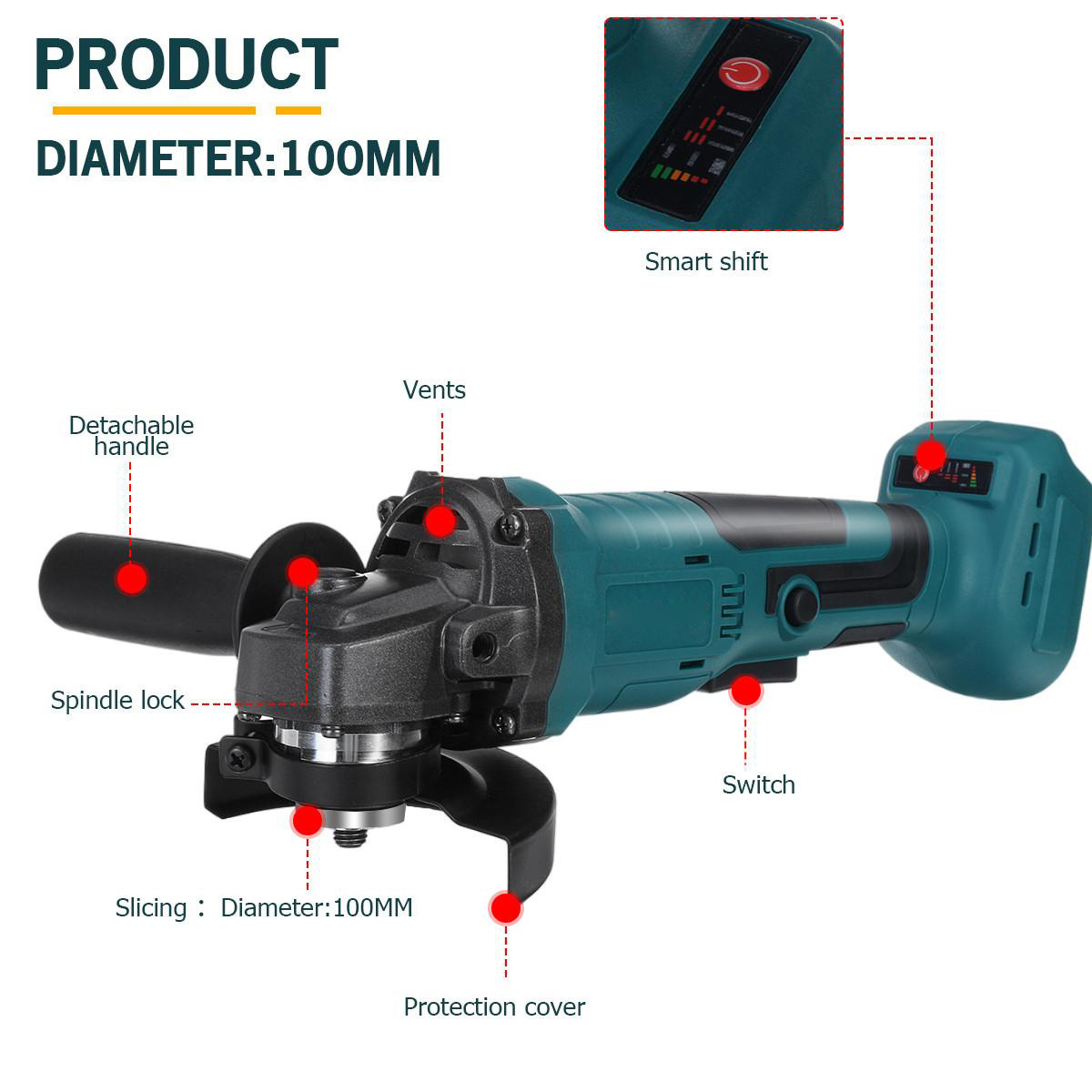18V 800W Lithium Battery Brushless Angle Grinder 100MM 11000RPM Rechargeable Polishing Sander Cutting Machine For Makiita Battery