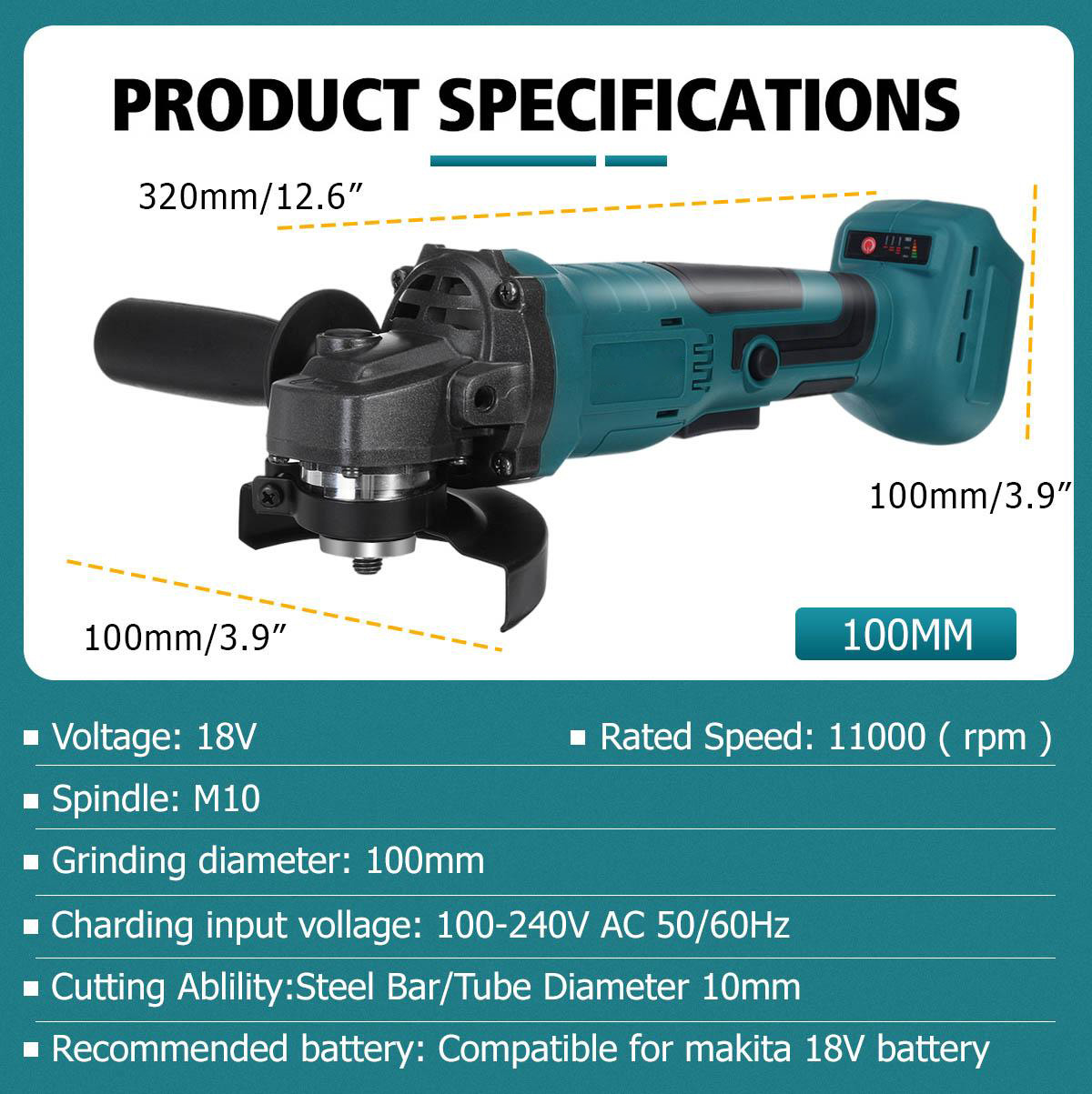 18V 800W Lithium Battery Brushless Angle Grinder 100MM 11000RPM Rechargeable Polishing Sander Cutting Machine For Makiita Battery