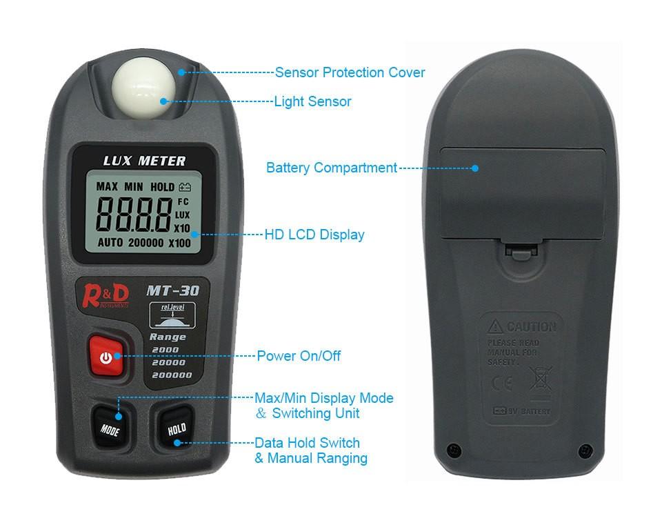 RZ Digital Lux Meter 200,000 Lux Digital LCD Pocket Light Meter Lux/FC Measure Tester illuminometer Sensor Photometer MT-30