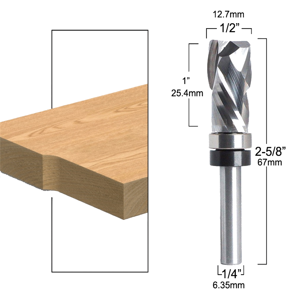 12.7*25.4*67MM Carbide Lower Bearing Spiral Trimming CNC Router Bit End Mill 1/4 6.35mm Shank for Woodworking