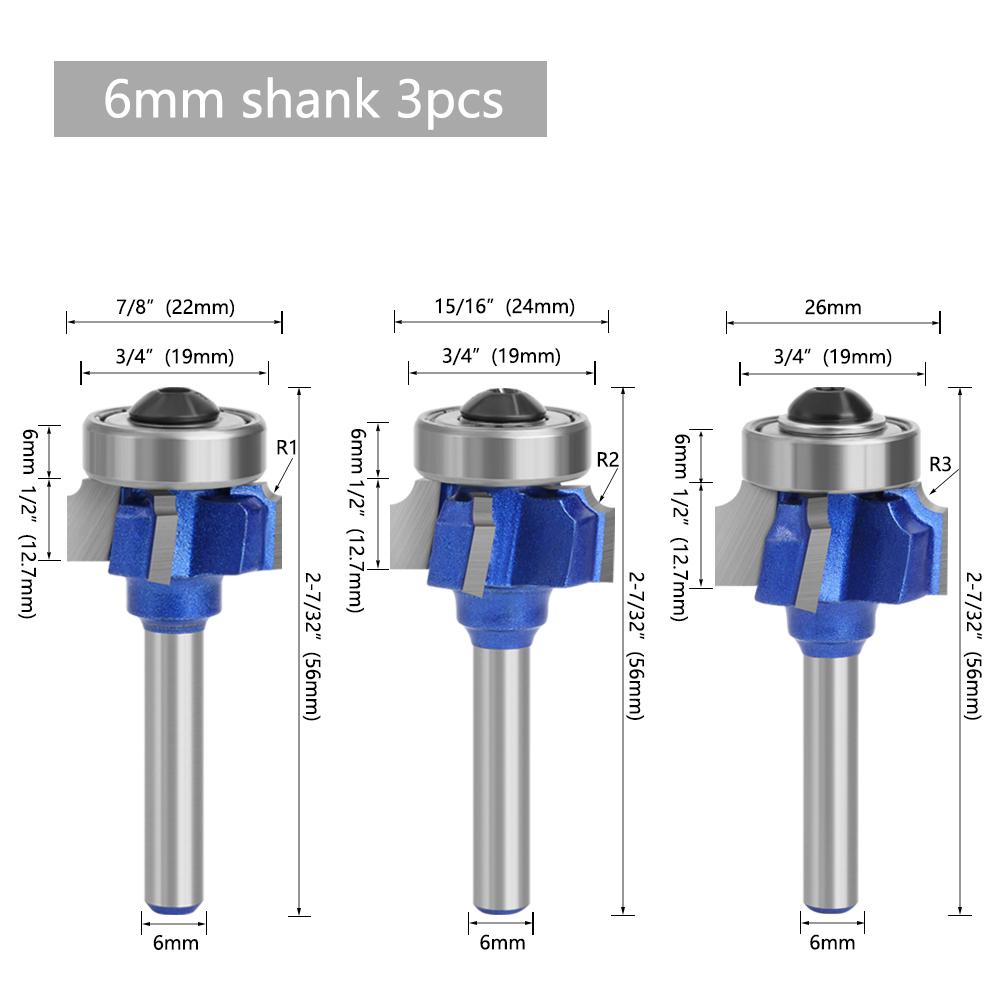 3PCS 6mm 8mm 1/4Shank Z4 Corner Round Router Bit R1 R2 R3 Trim Edging Woodworking Mill Classical Cutter Bit