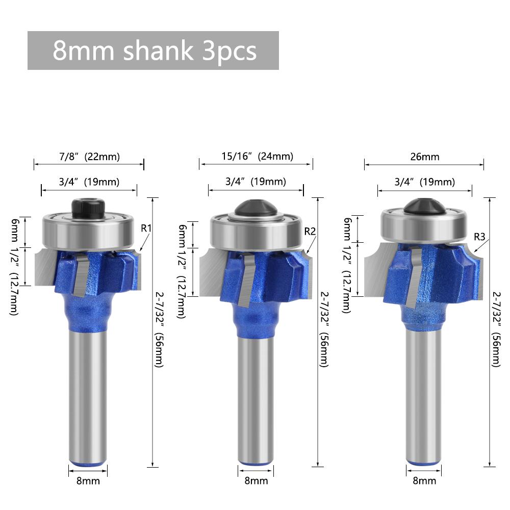 3PCS 6mm 8mm 1/4Shank Z4 Corner Round Router Bit R1 R2 R3 Trim Edging Woodworking Mill Classical Cutter Bit