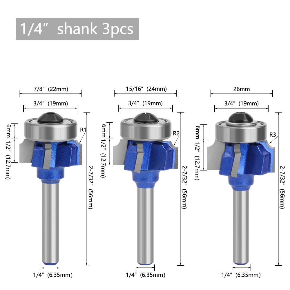 3PCS 6mm 8mm 1/4Shank Z4 Corner Round Router Bit R1 R2 R3 Trim Edging Woodworking Mill Classical Cutter Bit
