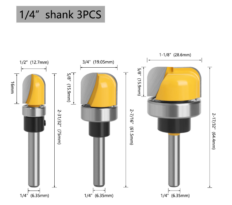 3pcs Multi size Shank Round Nose Bits With Bearing Router Bits Carbide Cutters Woodworking Milling Cutter For Wood Bit Face Mill Tools