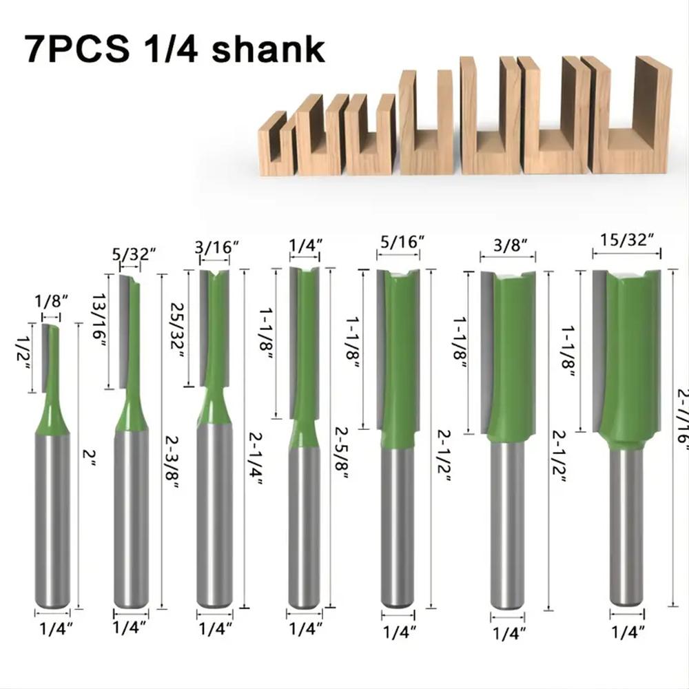 7PCS Straight Cut Router Bit Set Durable Tungsten Carbide 1/4 Shank Double Flute Milling Cutting Tools for Woodworking Engraving Trimming