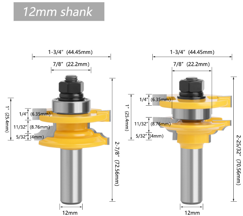 1/2 12mm Shank Milling Cutters Woodwork Door Round Corner Rail & Stile Tenon Router Bits For Wood Woodworking Tools