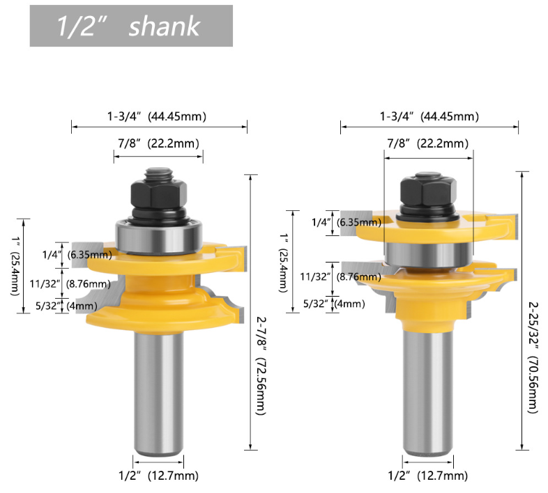 1/2 12mm Shank Milling Cutters Woodwork Door Round Corner Rail & Stile Tenon Router Bits For Wood Woodworking Tools