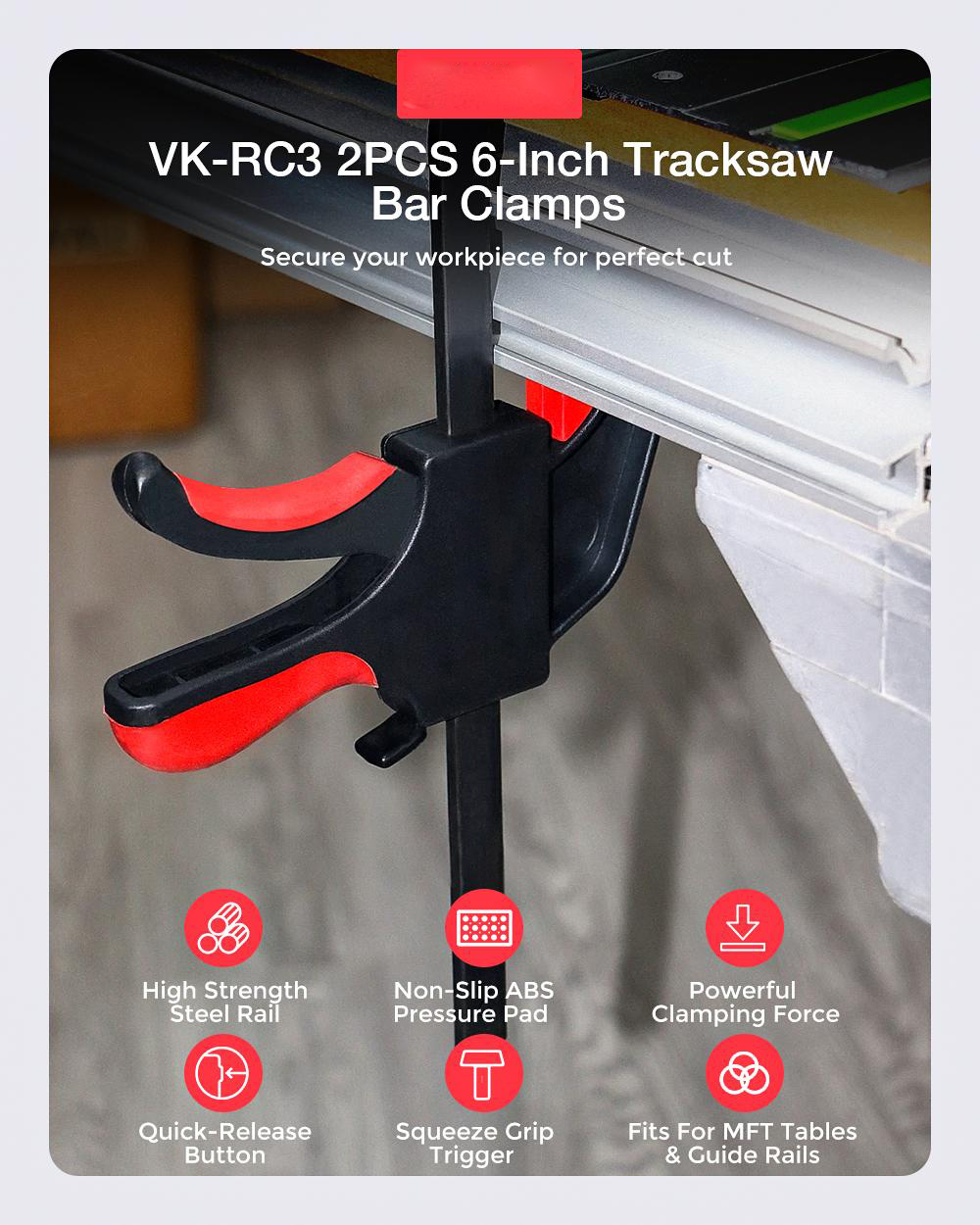 Socoje 2Pcs Set One Handed Quick Release Track Saw Clamps for MFT Table and Festool Track Saw Guide Rail Clamps Woodworking Table Clamps