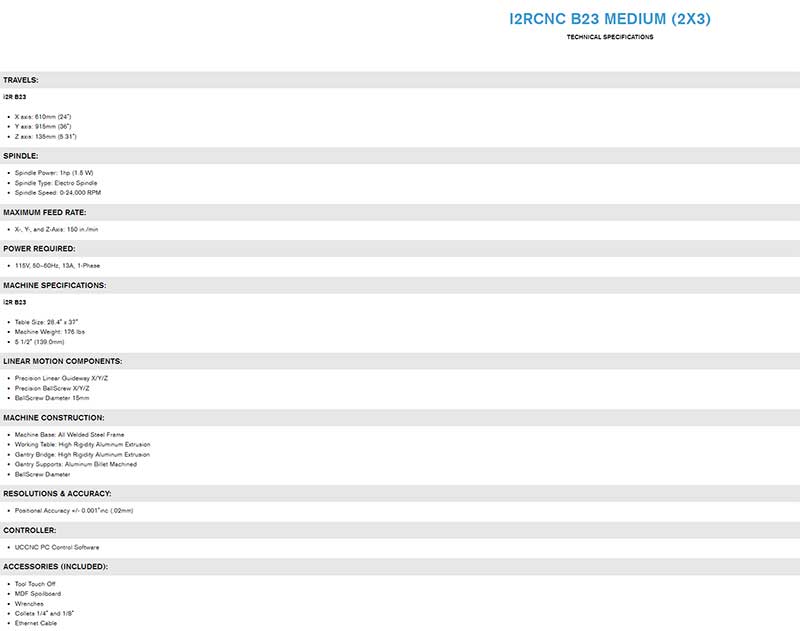 i2R CNC - B Series CNC - B23 - 2HP Spindle - Medium 2' X 3' - 220 V - Unit Only