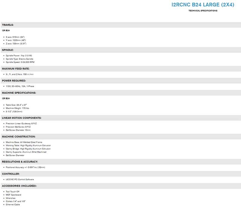 i2R CNC - B Series CNC - B24 - 2HP Spindle Large 2' X 4' - 220 V - Unit Only