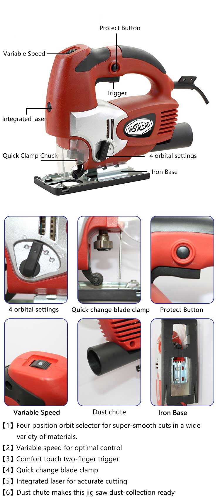 RENTALEAD Portable Electric Jig Saw Variable Speed Orbital Jig Saw with Laser
