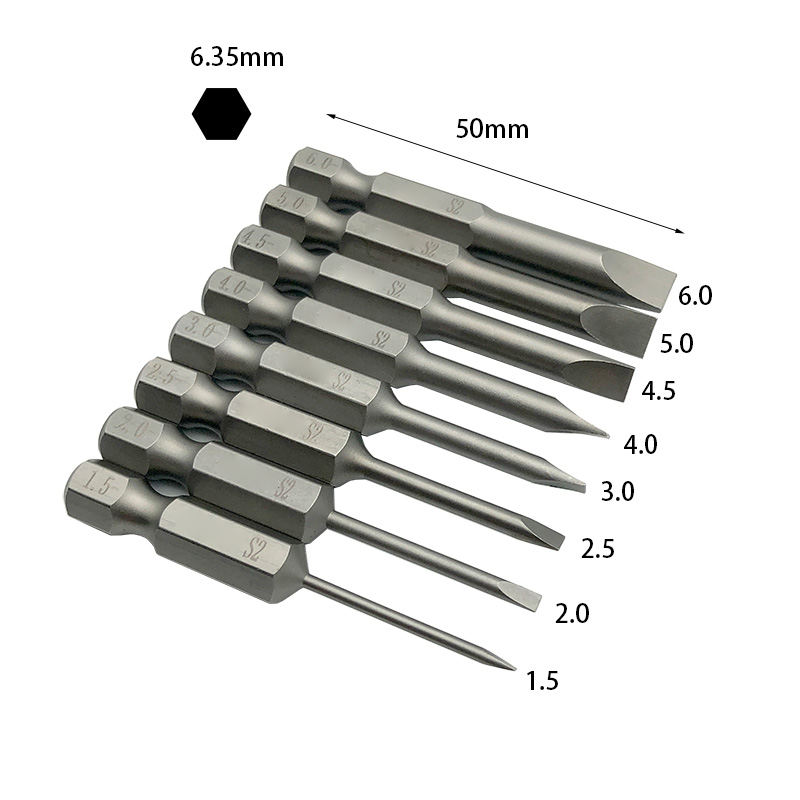 1/4 Inch 6.35mm 8pcs 1.5 / 2.0 / 2.5 / 3.0 / 4.0 / 4.5 / 5.0 /6.0mm Flat Head Screw driver