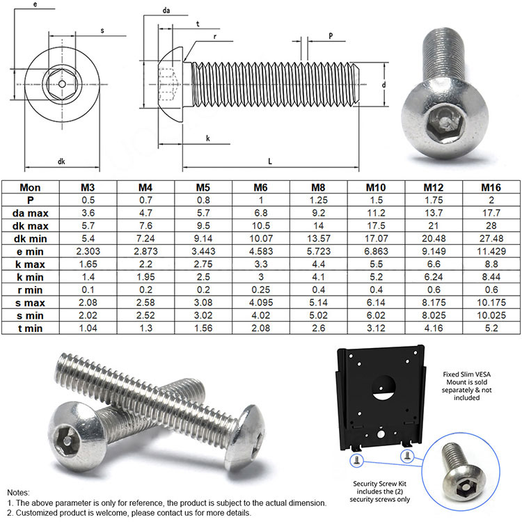 Stock Size Anti-theft SS304 Hex Driver Socket with Pin Button Head M5 M6 M8 Security Screw 1500Pcs