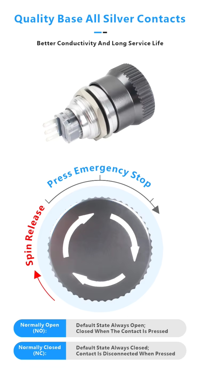1NO 1NC Mushroom Push Stop Emergency Stop Switches Emergency Button 5V/225V Push Button Switch
