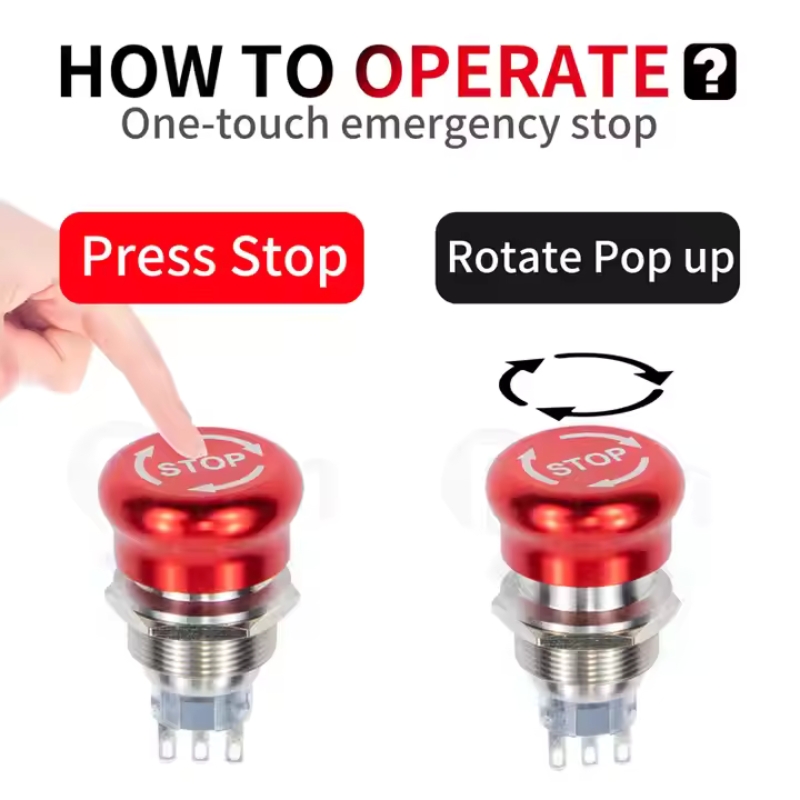 IP65 Waterproof Metal Push Button Switch Mushroom Head Emergency Stop Switches Rotary Reset NO NC 3A 19mm Control