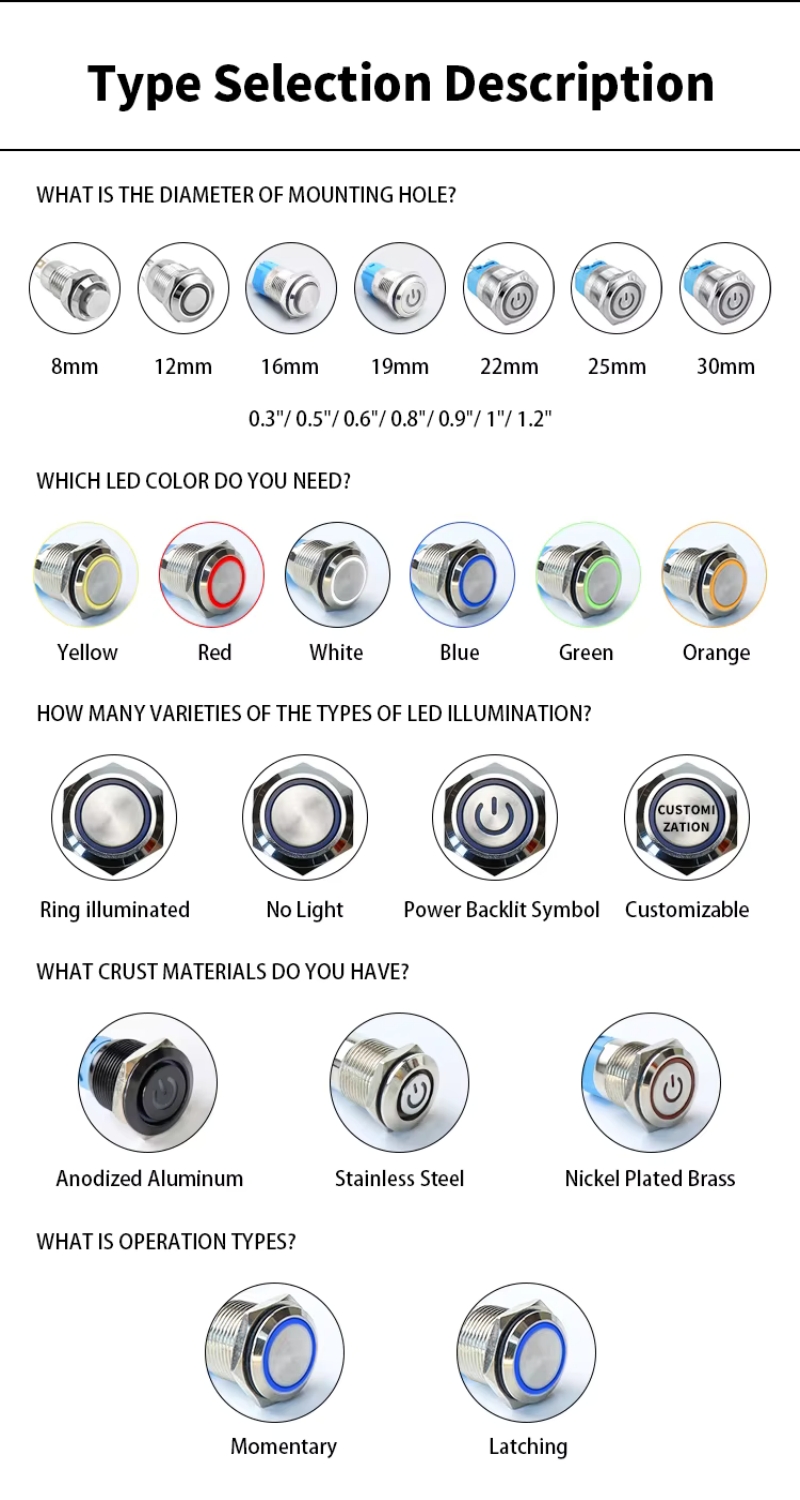 Illuminated Waterproof Stainless Steel led Momentary Industrial Push Button Switches With Connector