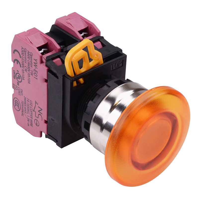 Amber 24V illuminated 22mm Metal Bezel Mushroom Momentary Push Button Switch 2NC IP65 YW4L-M4E02Q4A