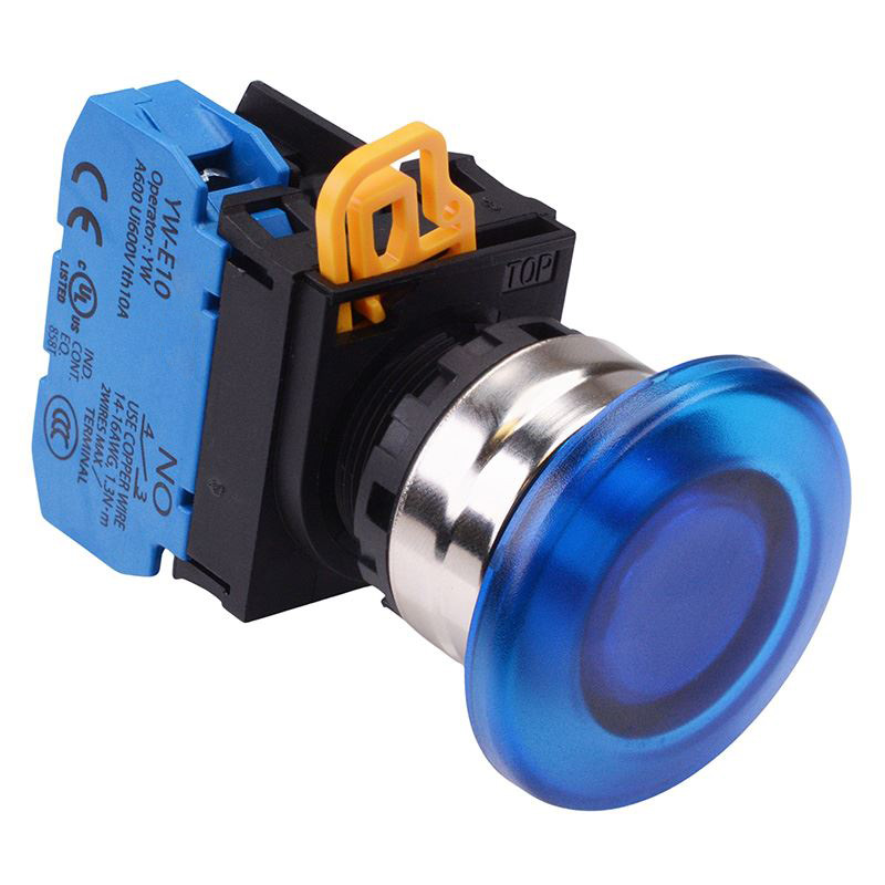 Blue 12V illuminated 22mm Metal Bezel Mushroom Maintained Push Button Switch NO IP65 YW4L-A4E10Q3S