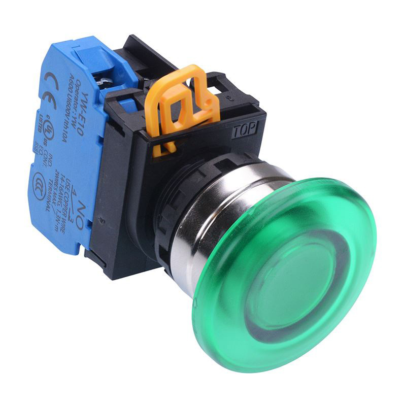 Green 12V illuminated 22mm Metal Bezel Mushroom Maintained Push Button Switch NO IP65 YW4L-A4E10Q3G