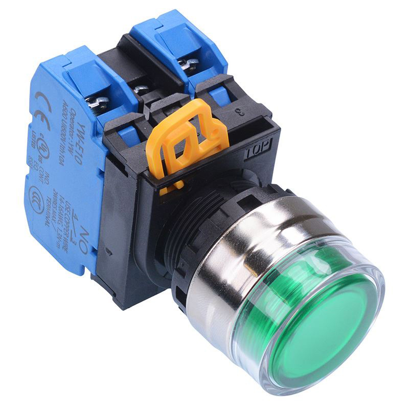 Green 24V illuminated 22mm Metal Bezel Maintained Shrouded Push Button Switch 2NO IP65 YW4L-AF2E20Q4G