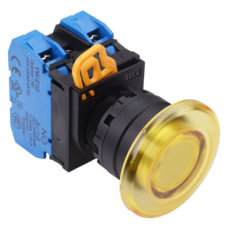 Yellow 12V illuminated 22mm Mushroom Maintained Push Button Switch 2NO IP65 YW1L-A4E20Q3Y