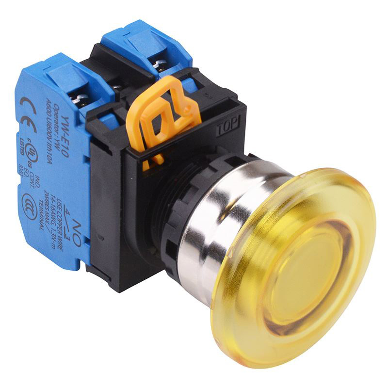 Yellow 24V illuminated 22mm Metal Bezel Mushroom Maintained Push Button Switch 2NO IP65 YW4L-A4E20Q4Y