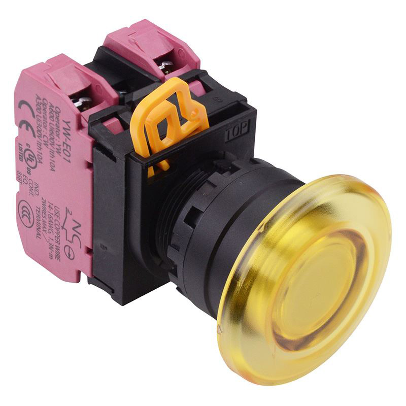 Yellow 24V illuminated 22mm Mushroom Maintained Push Button Switch 2NC IP65 YW1L-A4E02Q4Y
