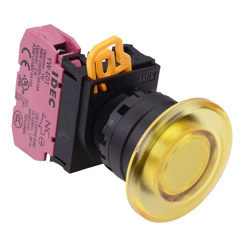 Yellow 22mm Mushroom Maintained Push Button Switch NC IP65 YW1L-A4E01Q0Y