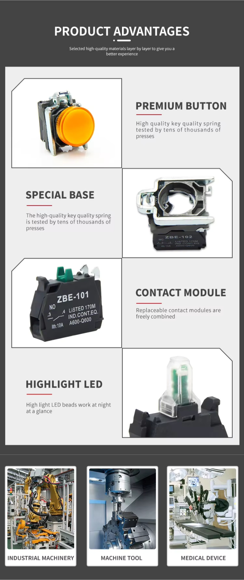Industrial XB4 22mm LED latching push button switch with lamp NO NC flat rotary momentary metal push button switches with light